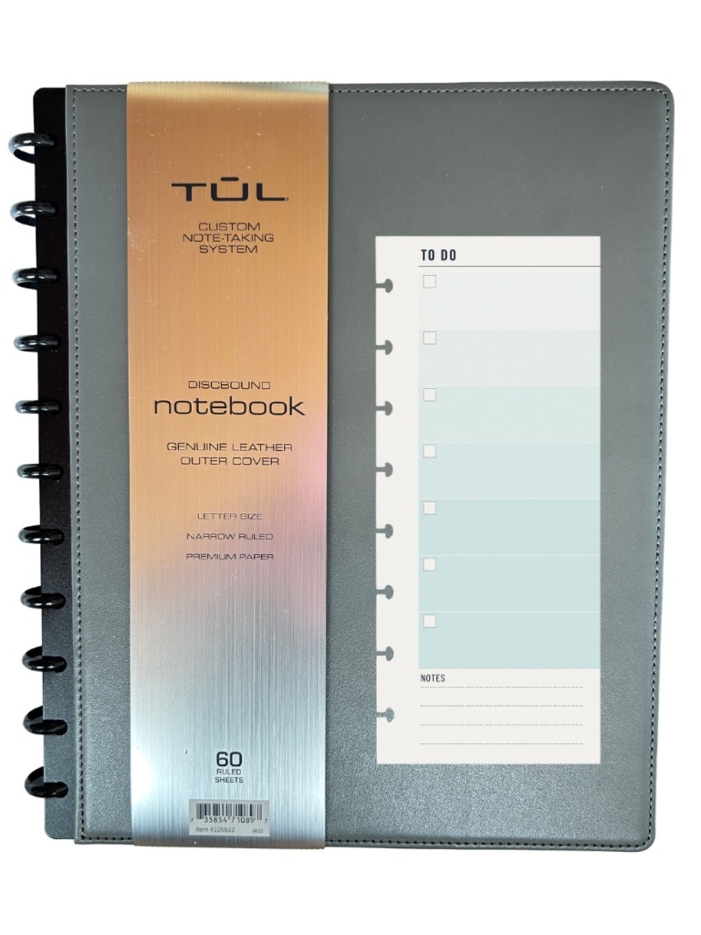 NEW TUL Discbound Notebook With Gray Leather Cover, Quality 60 Ruled Sheets